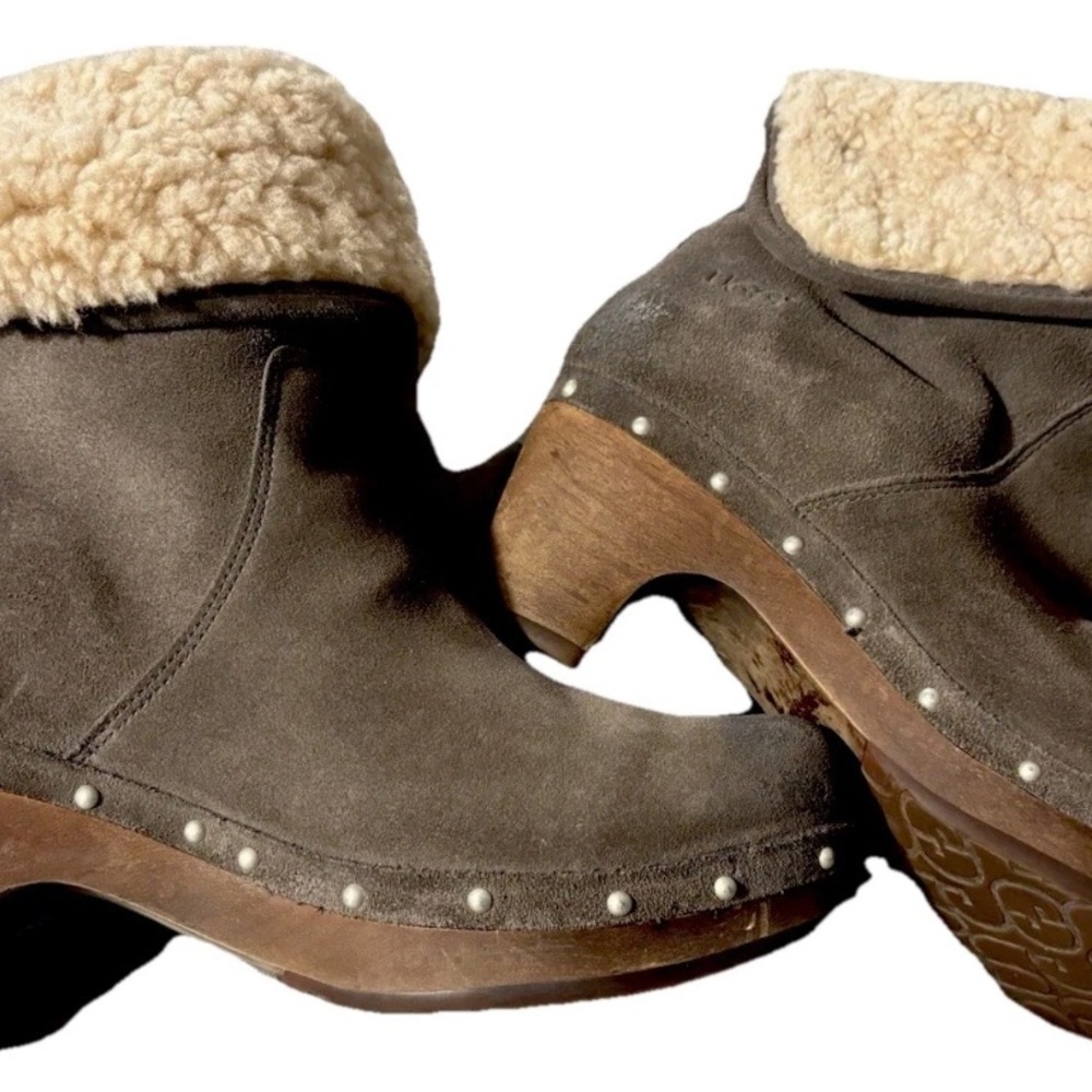 UGG Lynnea Wm 8US/39EU Gray Suede Shearling Ankle Boots Wooden Clog Soles - Picture 2 of 11